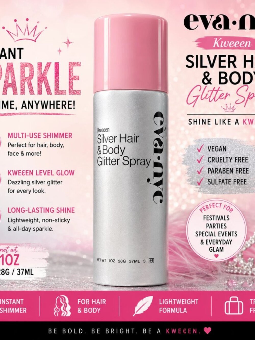 Eva NYC Kweeen Silver Hair Body Glitter Spray 2 Pack